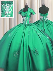 Sexy Turquoise Taffeta Lace Up Sweetheart Short Sleeves Floor Length 15th Birthday Dress Beading and Appliques and Ruchi