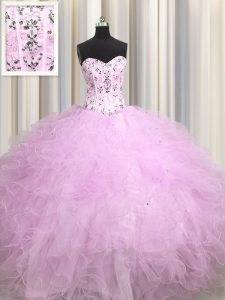 Cute Visible Boning Sweetheart Sleeveless Quince Ball Gowns Floor Length Beading and Appliques and Ruffles Lilac Tulle