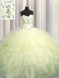 Clearance Visible Boning Sweetheart Sleeveless Lace Up Sweet 16 Dress Light Yellow Tulle