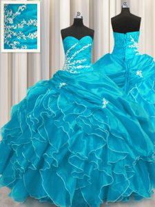 Luxury Organza Sleeveless Floor Length Quince Ball Gowns and Beading and Appliques and Ruffles