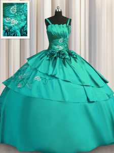 Dramatic Turquoise Spaghetti Straps Lace Up Beading and Embroidery Quinceanera Dresses Sleeveless