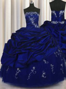 Pick Ups Embroidery Strapless Sleeveless Lace Up Ball Gown Prom Dress Royal Blue Taffeta