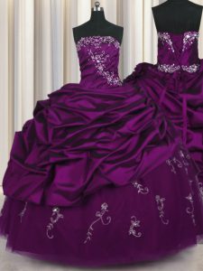 Amazing Pick Ups Embroidery Strapless Sleeveless Lace Up 15th Birthday Dress Purple Taffeta