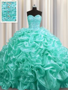 Customized Organza Sweetheart Sleeveless Court Train Lace Up Beading and Pick Ups Ball Gown Prom Dress in Aqua Blue