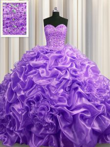 Sweetheart Sleeveless 15 Quinceanera Dress With Train Court Train Beading and Pick Ups Lavender Organza