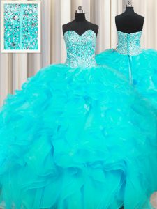 Visible Boning Beaded Bodice Floor Length Ball Gowns Sleeveless Aqua Blue Quinceanera Gowns Lace Up