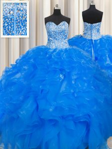 Suitable Visible Boning Beaded Bodice Blue Sweetheart Lace Up Beading and Ruffles Quinceanera Gown Sleeveless