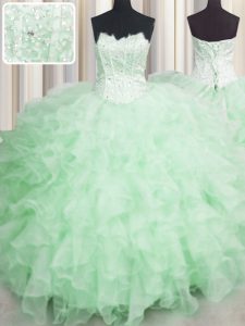 Decent Visible Boning Apple Green Ball Gowns Scalloped Sleeveless Organza Floor Length Lace Up Beading and Ruffles Sweet
