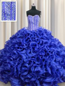 Glittering Visible Boning Royal Blue Ball Gowns Organza Sweetheart Sleeveless Beading and Ruffles Floor Length Lace Up Q