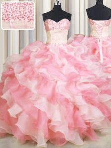 Visible Boning Two Tone Floor Length Pink And White Quinceanera Dresses Organza Sleeveless Beading and Ruffles