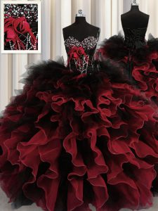 Shining Red And Black Sleeveless Floor Length Beading and Ruffles Lace Up Quinceanera Gown