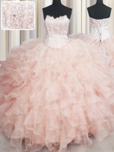 Visible Boning Scalloped Floor Length Ball Gowns Sleeveless Peach Quinceanera Dress Lace Up