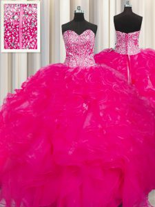 Sweet Visible Boning Beaded Bodice Floor Length Hot Pink Vestidos de Quinceanera Sweetheart Sleeveless Lace Up