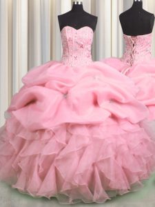 Ideal Visible Boning Rose Pink Organza Lace Up Sweet 16 Dresses Sleeveless Floor Length Beading and Ruffles and Pick Ups