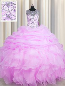 See Through Pick Ups Floor Length Lilac 15th Birthday Dress Scoop Sleeveless Lace Up