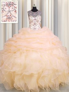 Scoop See Through Beading and Ruffles and Pick Ups Ball Gown Prom Dress Peach Lace Up Sleeveless Floor Length