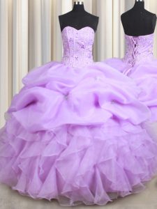 Visible Boning Sleeveless Floor Length Beading and Ruffles and Pick Ups Lace Up Quince Ball Gowns with Lilac