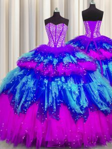 Bling-bling Visible Boning Multi-color Ball Gowns Sweetheart Sleeveless Tulle Floor Length Lace Up Beading and Ruffles a
