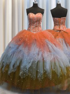 Dynamic Visible Boning Multi-color Ball Gowns Beading and Ruffles and Sequins 15th Birthday Dress Lace Up Tulle Sleevele