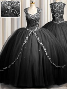 Zipple Up Cap Sleeves Beading and Appliques Zipper Quinceanera Dresses with Black Brush Train