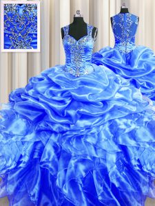 Zipper Up See Through Back Blue Sleeveless Beading and Ruffles and Pick Ups Floor Length 15 Quinceanera Dress