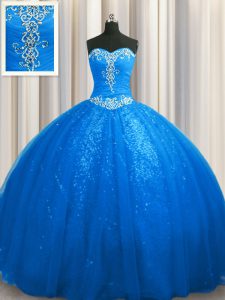 High Class Sequined Sleeveless With Train Beading and Appliques Lace Up Vestidos de Quinceanera with Blue Court Train