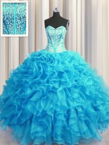 Fabulous Visible Boning Bling-bling Baby Blue Organza Lace Up 15th Birthday Dress Sleeveless Floor Length Beading and Ru