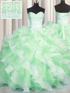 Lovely Visible Boning Two Tone Multi-color Organza Lace Up Sweetheart Sleeveless Floor Length Sweet 16 Dress Beading and