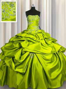 Colorful Pick Ups Strapless Sleeveless Lace Up 15 Quinceanera Dress Olive Green Taffeta