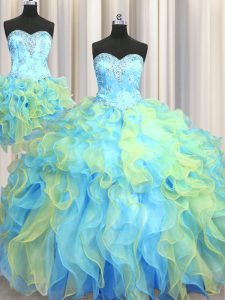 Three Piece Multi-color Lace Up Sweetheart Beading and Appliques and Ruffles Ball Gown Prom Dress Organza Sleeveless