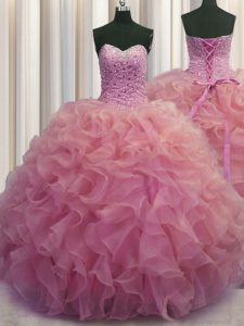 Fantastic Watermelon Red Sweetheart Lace Up Beading and Ruffles Quince Ball Gowns Sleeveless