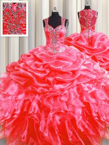 Pick Ups Zipper Up See Through Back Sleeveless Floor Length Beading and Ruffles Zipper Quince Ball Gowns with Coral Red 