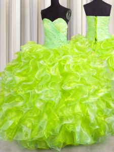 Extravagant Sweetheart Sleeveless Sweet 16 Dress Floor Length Beading and Ruffles Yellow Green Organza