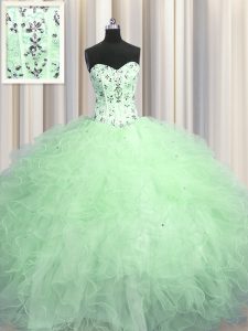 Top Selling Visible Boning Apple Green Ball Gowns Sweetheart Sleeveless Tulle Floor Length Lace Up Beading and Appliques