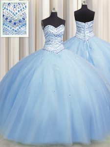 Bling-bling Big Puffy Floor Length Lace Up Quinceanera Dress Light Blue for Military Ball and Sweet 16 and Quinceanera w