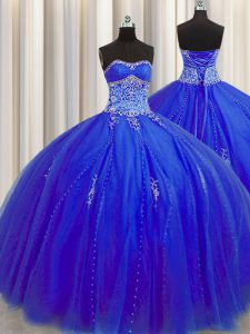 Custom Designed Puffy Skirt Beading and Appliques Quinceanera Dresses Royal Blue Lace Up Sleeveless Floor Length