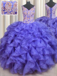 Inexpensive V Neck Blue Sleeveless Organza Lace Up Quinceanera Gowns for Military Ball and Sweet 16 and Quinceanera
