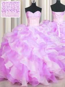Pretty Visible Boning Two Tone Floor Length Multi-color Sweet 16 Quinceanera Dress Organza Sleeveless Beading and Ruffle