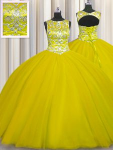 Perfect Scoop Sleeveless Quinceanera Gowns Floor Length Beading Gold Tulle