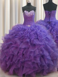 Fantastic Beaded Bust Floor Length Purple Quinceanera Dresses Organza Sleeveless Beading and Ruffles