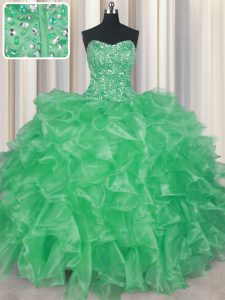 Visible Boning Apple Green Ball Gowns Strapless Sleeveless Organza Floor Length Lace Up Beading and Ruffles Quinceanera 