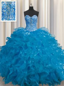 Exceptional See Through Teal Quince Ball Gowns Military Ball and Sweet 16 and Quinceanera and For with Beading and Ruffl