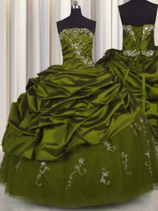 Eye-catching Embroidery Beading and Appliques and Pick Ups Quinceanera Gowns Olive Green Lace Up Sleeveless Floor Length