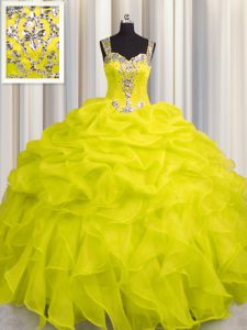 Admirable See Through Zipper Up Yellow Sleeveless Organza Zipper Vestidos de Quinceanera for Military Ball and Sweet 16 