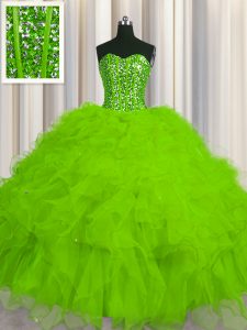 Visible Boning Sweetheart Sleeveless Vestidos de Quinceanera Floor Length Beading and Ruffles and Sequins Tulle