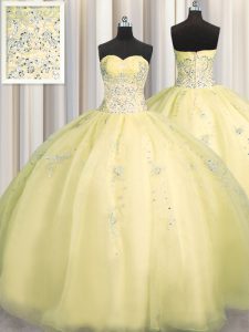 Deluxe Really Puffy Floor Length Ball Gowns Sleeveless Light Yellow 15th Birthday Dress Zipper