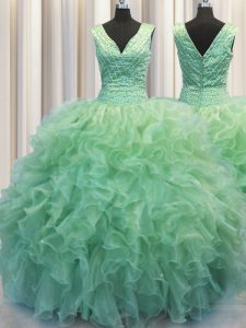 Romantic Zipper Up Green Ball Gowns Organza V-neck Sleeveless Beading and Ruffles Floor Length Zipper Quinceanera Gowns