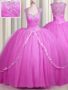 Colorful See Through Sweetheart Cap Sleeves Tulle Sweet 16 Dresses Beading and Appliques Brush Train Zipper