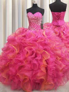 Hot Pink Sweetheart Lace Up Beading and Ruffles Quinceanera Dresses Sleeveless