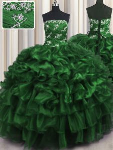 Lovely Dark Green Strapless Lace Up Appliques and Ruffles and Ruffled Layers Quinceanera Gowns Sleeveless